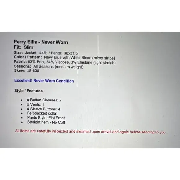 Perry Ellis 3 Piece Suit 44R 38x31.5 Navy Blue and White Textured Look - Picture 2 of 16